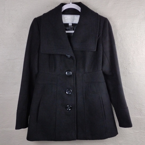 Jessica Simpson Black Gray Shawl Collar Long Sleeve Button Front Mid Len… - Picture 2 of 14